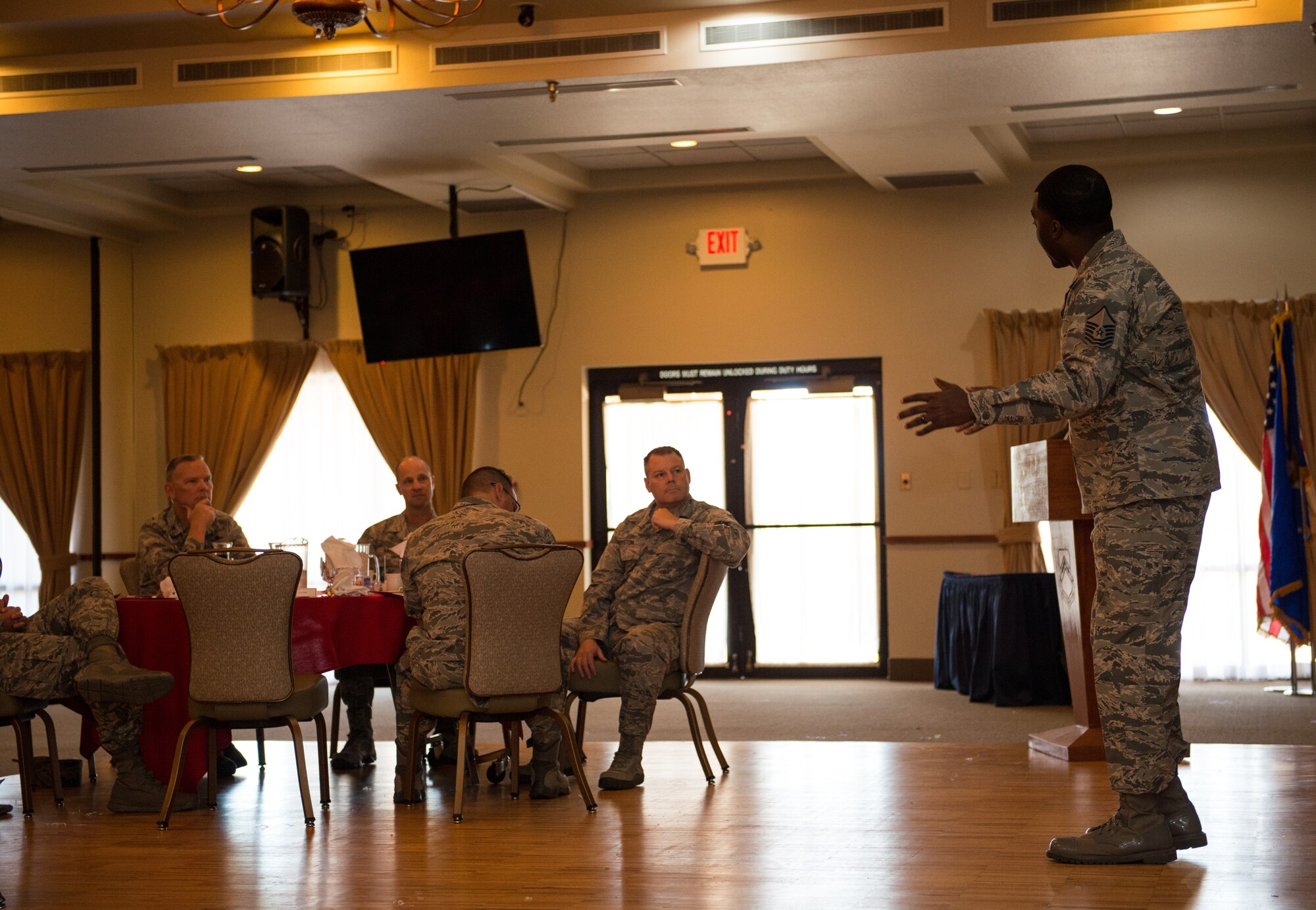 Master Sgt. Nicholas Jackson, 56th Equipment Maintenance Squadron flight chief, speaks to Thunderbolts during the Air Force Assistance Fund campaign kickoff breakfast at Luke Air Force Base, Ariz., April 2, 2018. During the event, Jackson shared his story about how the AFAF provided direct support for him and family. The contributions made to the AFAF support the needs of Airmen and their families by providing emergency financial assistance and educational support. (U.S. Air Force photo by Airman 1st Class Alexander Cook)