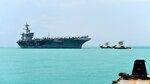 SINGAPORE (April 2, 2018) - The aircraft carrier USS Theodore Roosevelt (CVN-71) moored in Singapore’s Changi Naval Base today. Theodore Roosevelt is currently underway for a regularly scheduled deployment in the U.S. 7th Fleet area of operations in support of maritime security operations and theater security cooperation efforts.