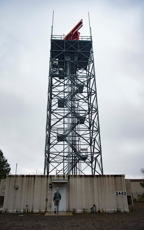 U.S. Air Force Airman 1st Class Connor Murph, 86th Operations Support Squadron Air Traffic Control and Landing Systems airfield, and weather systems technician, enters the control room at the digital airport surveillance radar tower on Ramstein Air Base, Germany, Mar. 22, 2018. The DASR tower, which aids aircraft takeoff and landing, is one of the landing systems the 86th OSS ATCALS team maintains. (U.S. Air Force photo by Senior Airman Elizabeth Baker)