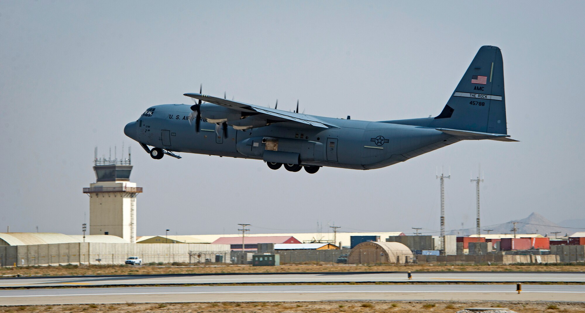 A C-130J Super Hercules takes off from Bagram Airfield, Afghanistan, April 1, 2018.
