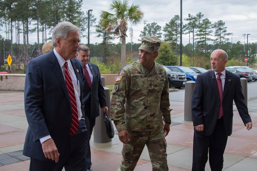 Lt. Gen. Michael Garrett, the U.S. Army Central commander, greets U.S. Congressman Ralph Norman at U.S. Army Central’s Patton Hall, Shaw AFB, S.C., March 30, 2018. Norman came to meet with Soldiers of USARCENT, which comprises the largest military organization in the Congressman’s district. During his visit, Norman had a one-on-one sit-down meeting with Garrett, met with USARCENT’s staff personnel for a briefing, and received a tour of Patton Hall. This visit was the representative’s first to Patton Hall and third to Shaw AFB.
