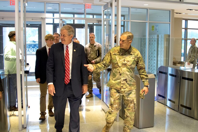 Lt. Gen. Michael Garrett, the U.S. Army Central commander, greets U.S. Congressman Ralph Norman at U.S. Army Central’s Patton Hall, Shaw AFB, S.C. March 30, 2018. Norman came to meet with Soldiers of USARCENT, which comprises the largest military organization in the Congressman’s district. During his visit, Norman had a one-on-one sit-down meeting with Garrett, met with USARCENT’s staff personnel for a briefing, and received a tour of Patton Hall. This visit was the representative’s first to Patton Hall and third to Shaw AFB.