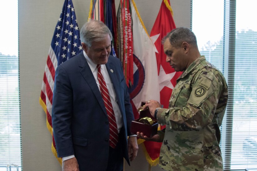 Lt. Gen. Michael Garrett, the U.S. Army Central commander, meets with U.S. Congressman Ralph Norman at U.S. Army Central’s Patton Hall, Shaw AFB, S.C. March 30, 2018. Norman came to meet with Soldiers of USARCENT, which comprises the largest military organization in the Congressman’s district. During his visit, Norman had a one-on-one sit-down meeting with Garrett, met with USARCENT’s staff personnel for a briefing, and received a tour of Patton Hall. This visit was the representative’s first to Patton Hall and third to Shaw AFB.