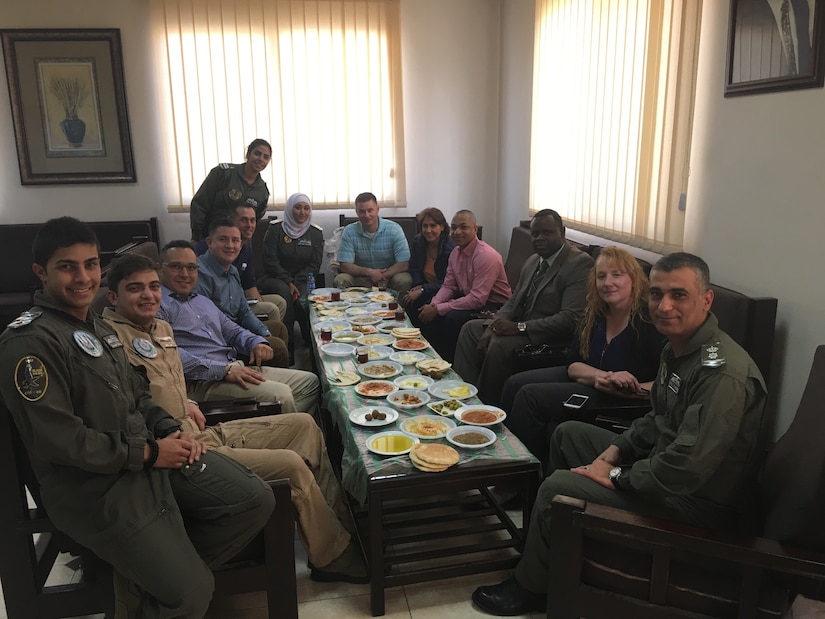 Members of the 248th Aviation Support Battalion and the 1st Battalion, 244th Aviation Regiment (Assault), Task Force Spartan enjoy a traditional Jordanian breakfast with the 8th Squadron commander and his team located at King Abdullah I Air Base, Marka. The 8th Squadron’s mission is to support three battalions of a newly-developed quick reaction force unit that covers the entire country of Jordan.