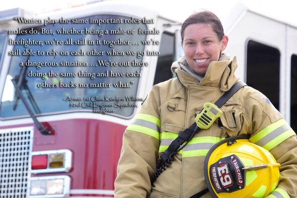 Airman 1st Class Katelynn Williams, 92nd Civil Engineer Squadron firefighter, poses for a photo March 30, 2018 at Fairchild Air Force Base, Washington. Women’s History Month is recognized during the month of March to acknowledge the contributions that women have made throughout the years. (U.S. Air Force photo illustration/Senior Airman Nick J. Daniello)