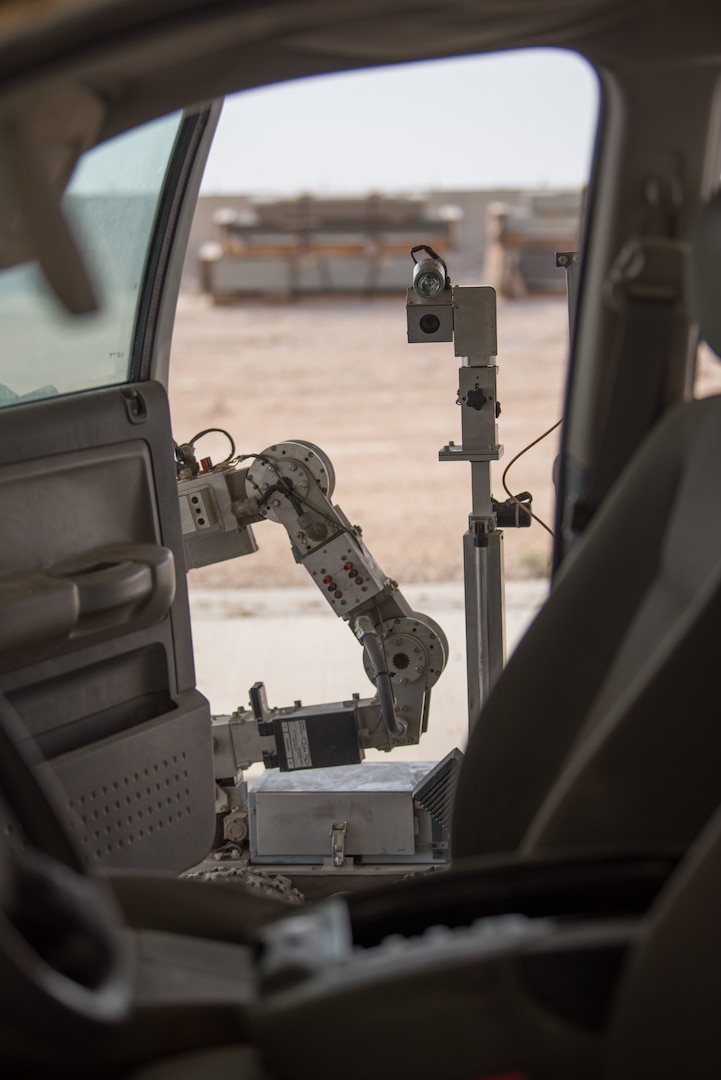 An F6B robot is utilized by members of the 379th Expeditionary Civil Engineer Squadron’s explosive ordnance disposal unit during a training scenario at Al Udeid Air Base, Qatar, Feb. 15, 2018.