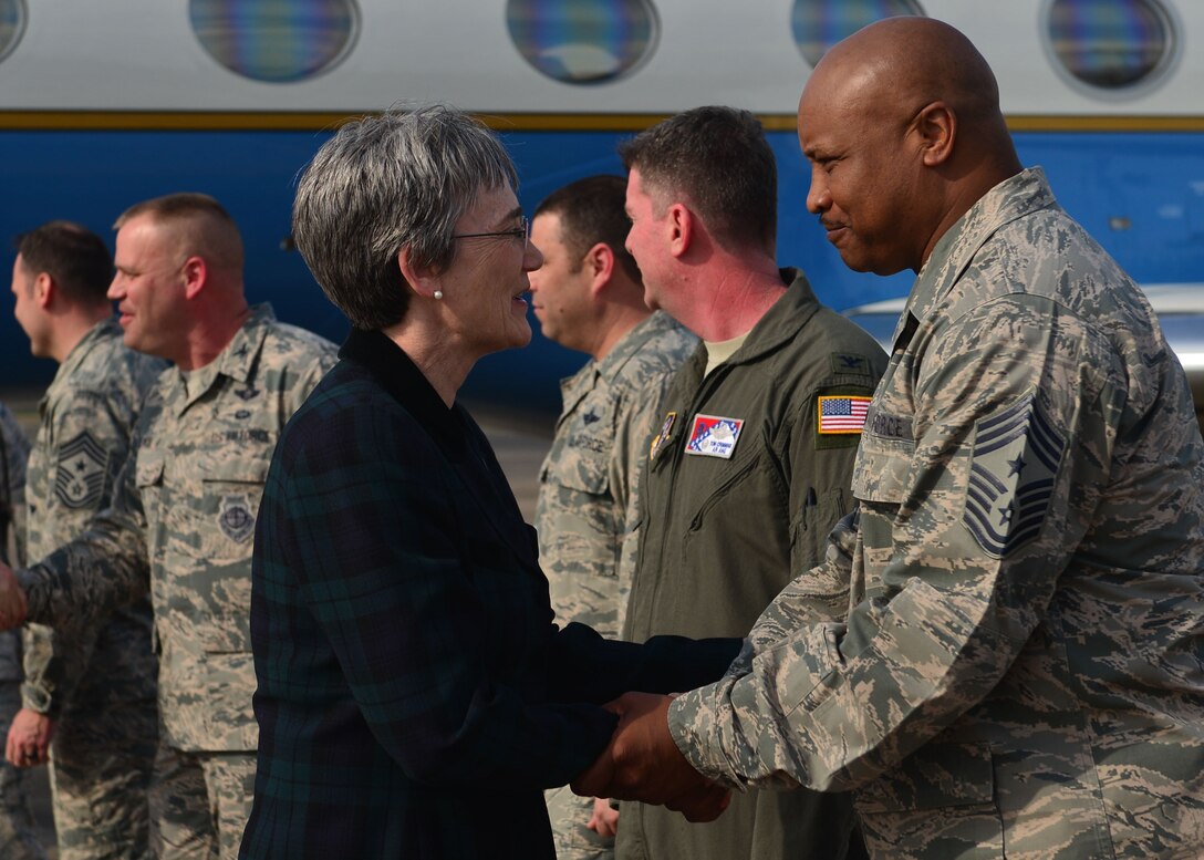 As a part of SECAF’s visit to Little Rock AFB, Wilson took time to meet with Airmen across the base and thank them for their service and sacrifice. (U.S. Air Force photo by Airman 1st Class Codie Collins)