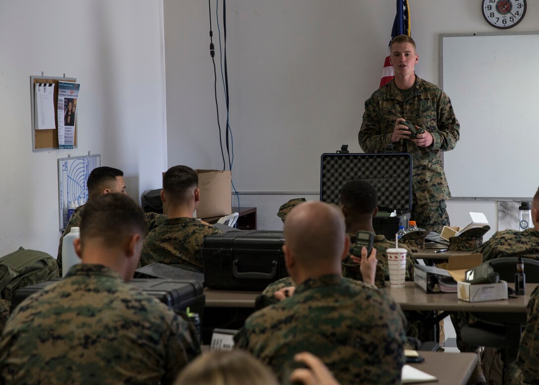 Lance Cpl. Ethan Wold, a chemical, biological, radiological and nuclear defense specialist with 3rd Marine Aircraft Wing, teaches the radiation equipment class during the reconnaissance, surveillance and decontamination course at Marine Corps Air Station Miramar, Calif., March 25. The course is designed to train unit personnel in the procedures and equipment used in accomplishing RS&D operations in a chemical, biological, radiological or nuclear environment. (U.S. Marine Corps photo by Lance Cpl. Clare J. McIntire/released)