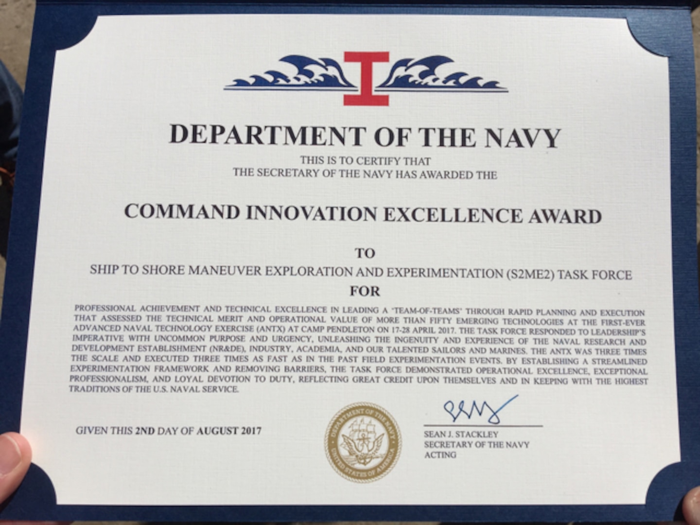 CRANE, Ind. – Jeff Miller, an electronics technician at Naval Surface Warfare Center, Crane Division (NSWC Crane), received a Secretary of the Navy (SECNAV) Innovation Excellence award for his contributions to the Ship to Shore Maneuver Exploration and Experimentation (S2ME2) Advanced Naval Technology Exercise (ANTX).