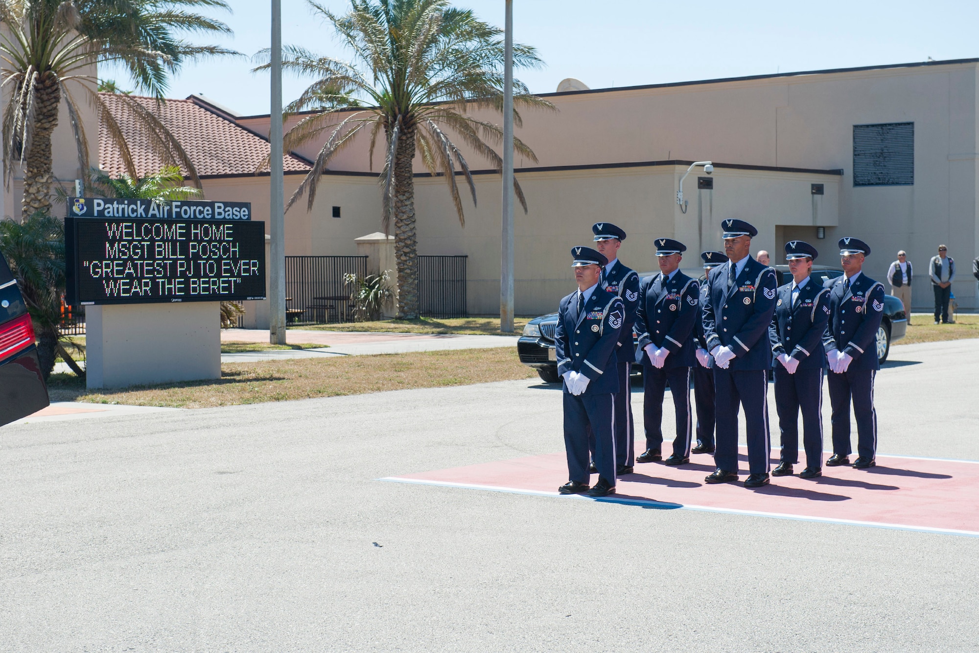 The Patrick Air Force Base community came out in full force to honor Master Sgt. William Posch upon arriving home to Patrick Air Force Base April 3, 2018 at noon after being killed in action in Iraq last month. The entire base lined the streets of Patrick Air Force Base to pay respect to MSgt. Posch and his family for their ultimate sacrifice. The Patrick Honor Guard conducted Posch's dignified transfer. (U.S. Air Force photo)