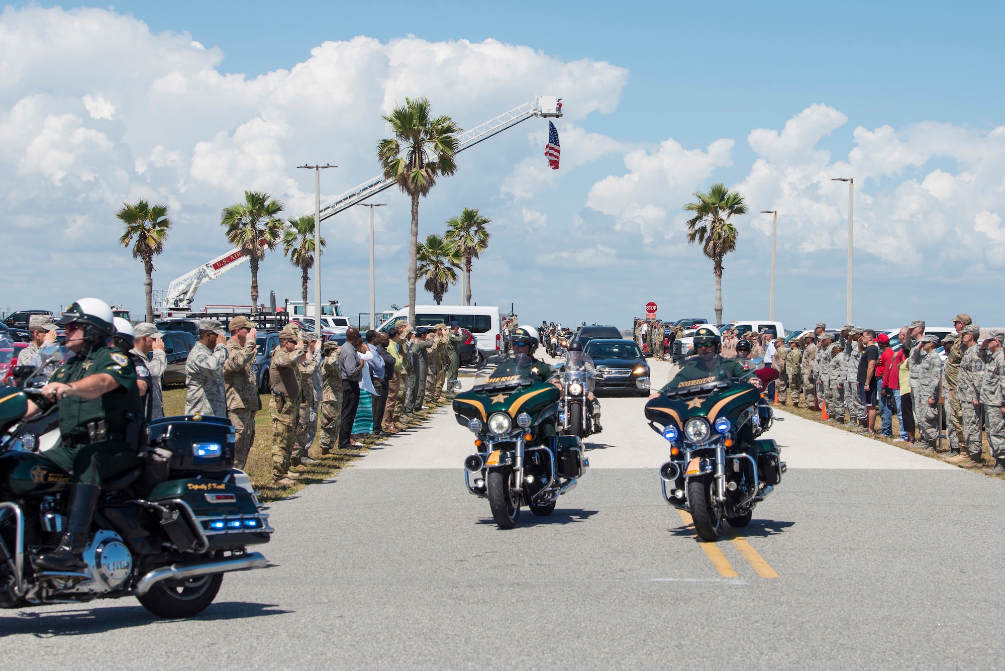 The Patrick Air Force Base community came out in full force to honor Master Sgt. William Posch upon arriving home to Patrick Air Force Base April 3, 2018 at noon. The entire base lined the streets of Patrick Air Force Base to pay respects to him and his family for their ultimate sacrifice during his dignified transfer. Posch, 36, was one of two Pararscuemen the wing lost March 15, 2018 when they were killed in action during an overseas combat deployment to Iraq. Staff Sgt. Carl Enis, 31, was the other. Among the motorcade escorts were Brevard County Sheriff deputies. (U.S. Air Force photo)