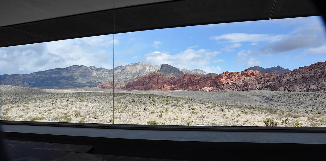 A panoramic view of the canyons can be seen March 15 from inside the visitor’s center at Red Rock Canyon National Conservation Area near Las Vegas. About 30 U.S. Army Corps of Engineers geologists and technicians participated in a paleoflood exercise and hiked the Keystone Thrust Fault trail as part of a capstone event to the 2018 Geotechnical, Geology and Materials Community of Practice National Training Event March 13 to 15 in Boulder City, Nevada.