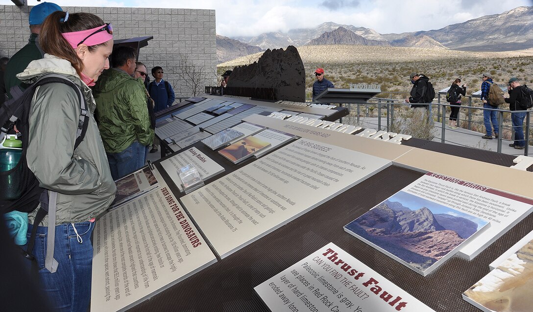Heather Hickerson, a geologist with the U.S. Army Corps of Engineers’ New Orleans District, checks out information at the Red Rock Canyon Visitor’s Center before taking part in a paleoflood exercise and hike to the Keystone Thrust Fault March 15 at the Red Rock Canyon National Conservation Area near Las Vegas.