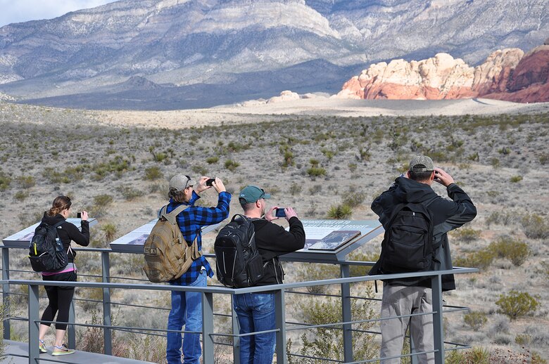 U.S. Army Corps of Engineers geologists and technicians from across the nation take in the view before hiking the Keystone Thrust Fault trail and participating in a paleoflood exercise during a March 15 visit to Red Rock Canyon National Conservation Area near Las Vegas. The tour of the conservation area was part of a capstone event concluding the 2018 Geotechnical, Geology and Materials Community of Practice National Training Event March 13 to 15 in Boulder City, Nevada.