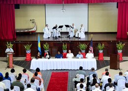 180404-N-QV906-033 YAP, Federated States of Micronesia (April 4, 2018) Distinguished attendees sit at the head table during the opening ceremony of Pacific Partnership 2018 (PP18) mission stop Palau April 4. The distinguished attendees included the Honorable Raynold B. Oilouch, Vice President of Palau, the Honorable Faustina Rehuher Marugg, Minister of State of Palau, Paramount Chief Ibedul Yataka M. Gibbons, the Honorable Amy Hyatt, U.S. Ambassador to Palau, Capt. Peter Olive, deputy mission commmander of Pacific Partnership 2018, and Capt. Charles Black, commanding officer of USNS Brunswick. PP18's mission is to work collectively with host and partner nations to enhance regional interoperability and disaster response capabilities, increase stability and security in the region, and foster new and enduring friendships across the Indo-Pacific Region. Pacific Partnership, now in its 13th iteration, is the largest annual multinational humanitarian assistance and disaster relief preparedness mission conducted in the Indo-Pacific.