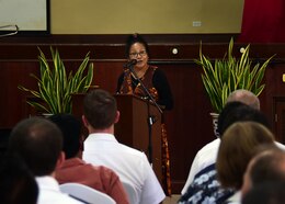 180404-N-QV906-062 KOROR, Republic of Palau (April 4, 2018) The Honorable Faustina Rehuher Marug, Minister of State of the Republic of Palau, delivers keynote remarks during the opening ceremony of Pacific Partnership 2018 (PP18) mission stop Palau April 4. PP18's mission is to work collectively with host and partner nations to enhance regional interoperability and disaster response capabilities, increase stability and security in the region, and foster new and enduring friendships across the Indo-Pacific Region. Pacific Partnership, now in its 13th iteration, is the largest annual multinational humanitarian assistance and disaster relief preparedness mission conducted in the Indo-Pacific.