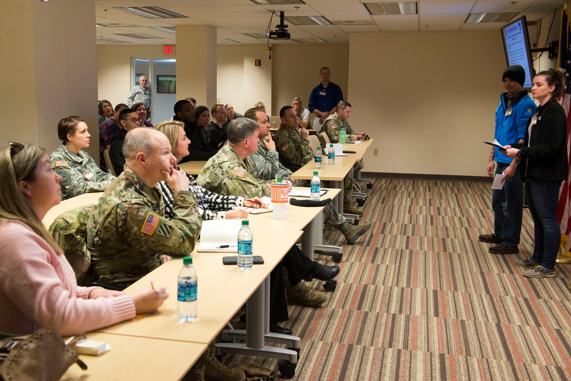 Delegates, subject matter experts and higher command meet during the out-brief portion of the Joint Family Action Plan Conference March 27, 2018, at Joint Base Elmendorf-Richardson, Alaska. JFAP provides the JBER community with a direct line to leadership through an annual conference hosted by the Military Family Readiness Center.