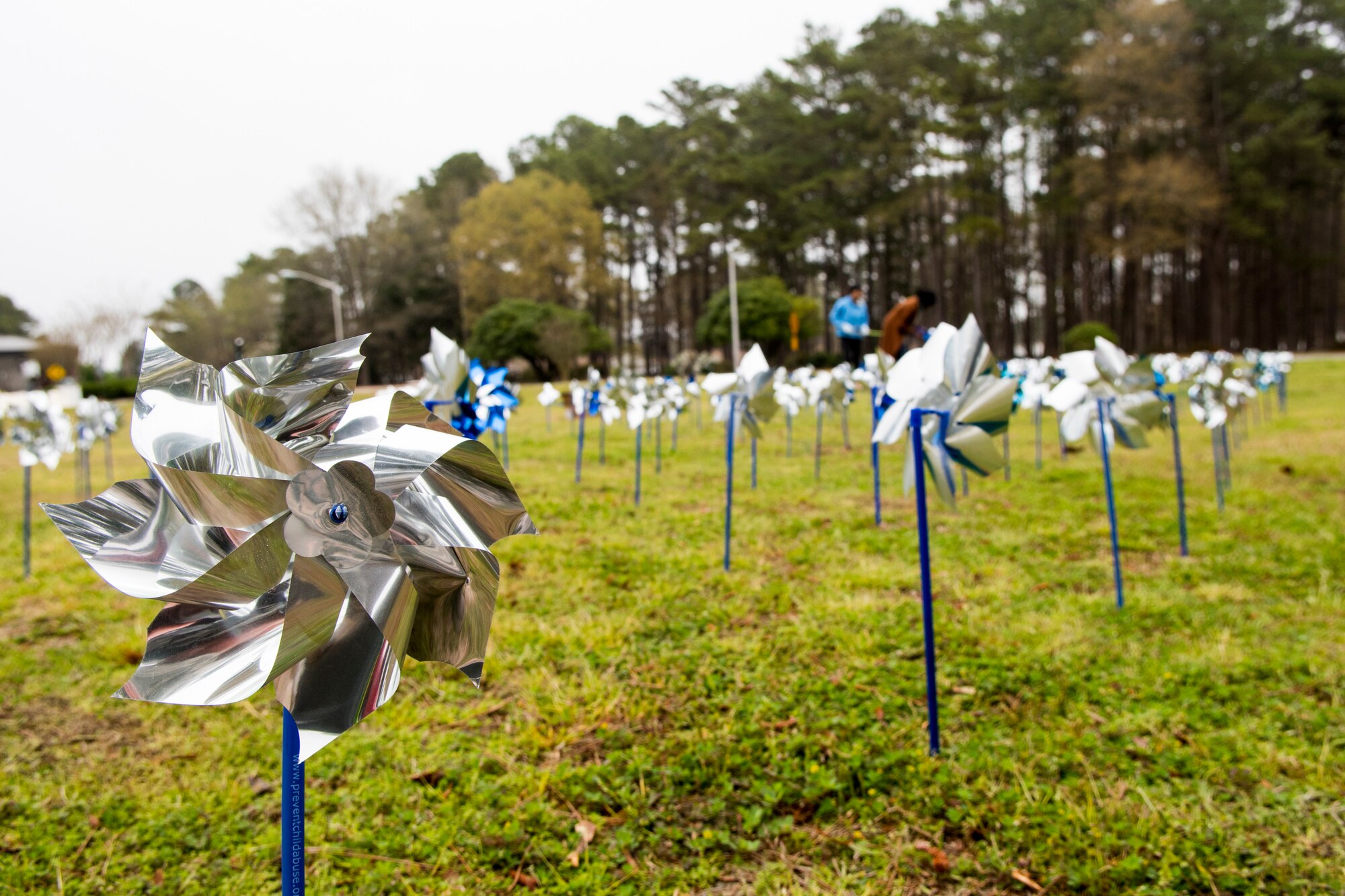 Members of 4th Medical Operations Squadron family advocacy place pinwheels near the main gate, April 3, 2018, at Seymour Johnson Air Force Base, North Carolina.