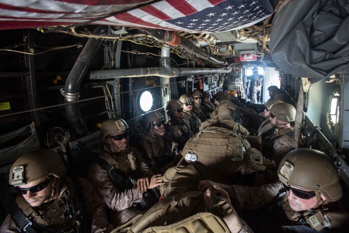 180402-M-WP334-0019 U.S. 5TH FLEET AREA OF OPERATIONS (April 2, 2018) U.S. Marines assigned to the Maritime Raid Force (MRF), 26th Marine Expeditionary Unit (MEU), ride in an MV-22B Osprey, assigned to Marine Medium Tiltrotor Squadron (VMM) 162 (Reinforced), 26th MEU during Alligator Dagger, April 2, 2018. Led by Naval Amphibious Force, Task Force 51/5th Marine Expeditionary Brigade, Alligator Dagger integrates U.S. Navy and Marine Corps assets to practice and rehearse a range of critical capabilities available to U.S. Central Command both afloat and ashore to promote stability and security in the region.