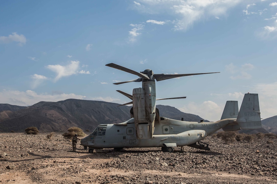 180402-M-WP334-0053 ARTA RANGE, Djibouti (April 2, 2018) A U.S. Marine Corps MV-22B assigned to Marine Medium Tiltrotor Squadron (VMM) 162 (Reinforced), 26th Marine Expeditionary Unit, is parked in Arta Range, Djibouti, during Alligator Dagger, April 2, 2018. Led by Naval Amphibious Force, Task Force 51/5th Marine Expeditionary Brigade, Alligator Dagger integrates U.S. Navy and Marine Corps assets to practice and rehearse a range of critical capabilities available to U.S. Central Command both afloat and ashore to promote stability and security in the region.