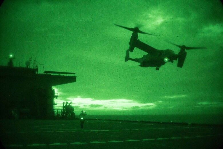 U.S. 5TH FLEET AREA OF OPERATIONS A U.S. Marine MV-22B Osprey assigned to Marine Medium Tiltrotor Squadron 162, 26th Marine Expeditionary Unit, lifts off from the flight deck of USS Lewis B. Puller during Alligator Dagger, April 2, 2018. Led by Naval Amphibious Force, Task Force 51/5th Marine Expeditionary Brigade, Alligator Dagger integrates U.S. Navy and Marine Corps assets to practice and rehearse a range of critical capabilities available to U.S. Central Command both afloat and ashore to promote stability and security in the region.