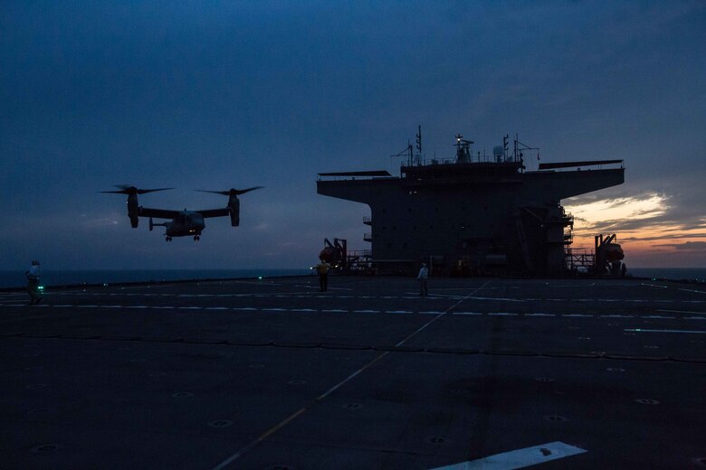 180402-M-WP334-0090 U.S. 5TH FLEET AREA OF OPERATIONS (April 2, 2018) A U.S. Marine MV-22B Osprey, assigned to Marine Medium Tiltrotor Squadron (VMM) 162 (Reinforced), 26th Marine Expeditionary Unit, prepares to land on the flight deck of USS Lewis B. Puller (ESB 3) during Alligator Dagger, April 2, 2018. Led by Naval Amphibious Force, Task Force 51/5th Marine Expeditionary Brigade, Alligator Dagger integrates U.S. Navy and Marine Corps assets to practice and rehearse a range of critical capabilities available to U.S. Central Command both afloat and ashore to promote stability and security in the region.