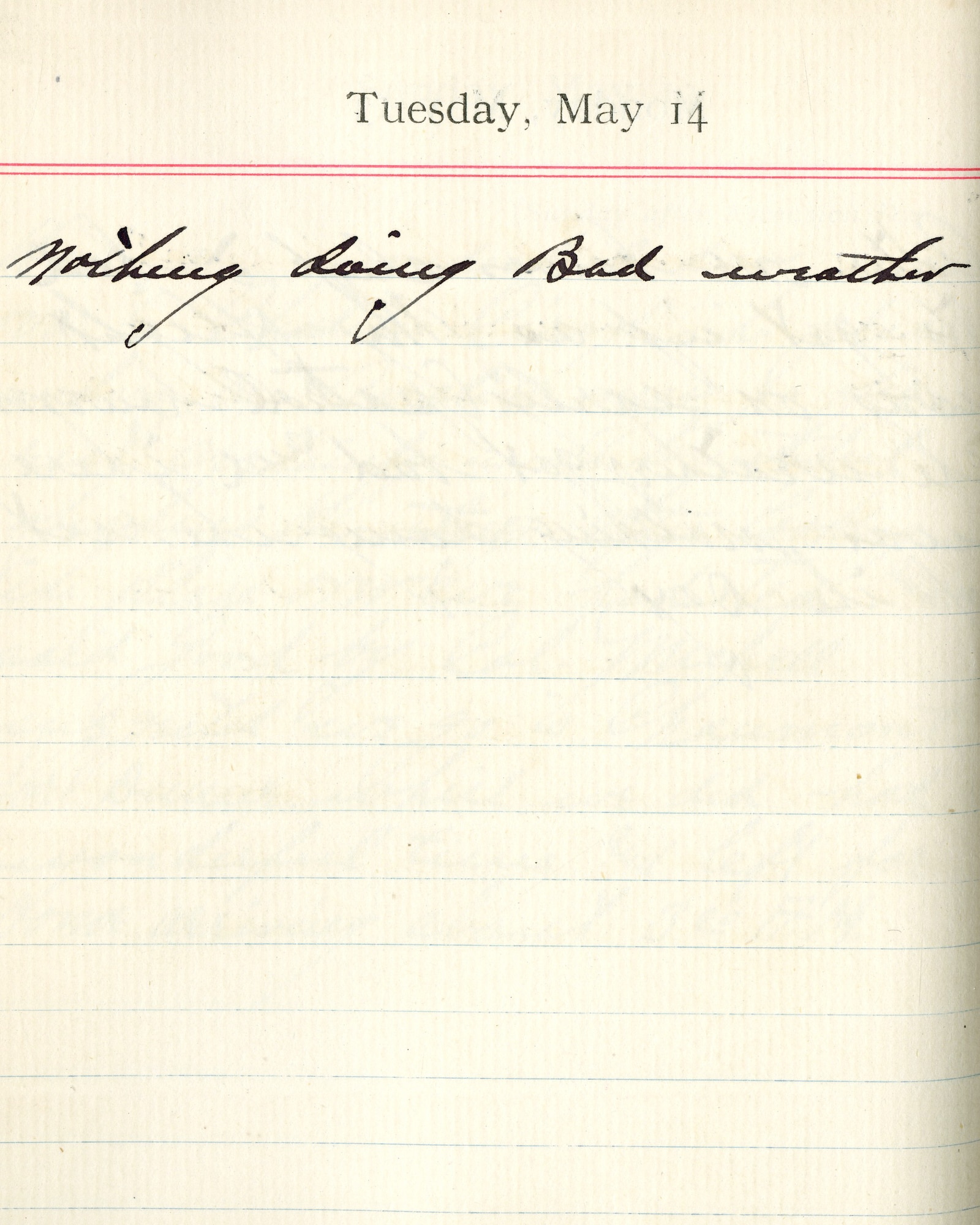 Capt. Edward V. Rickenbacker's 1918 wartime diary entry. (05/14/1918).

Nothing doing.  Bad weather.