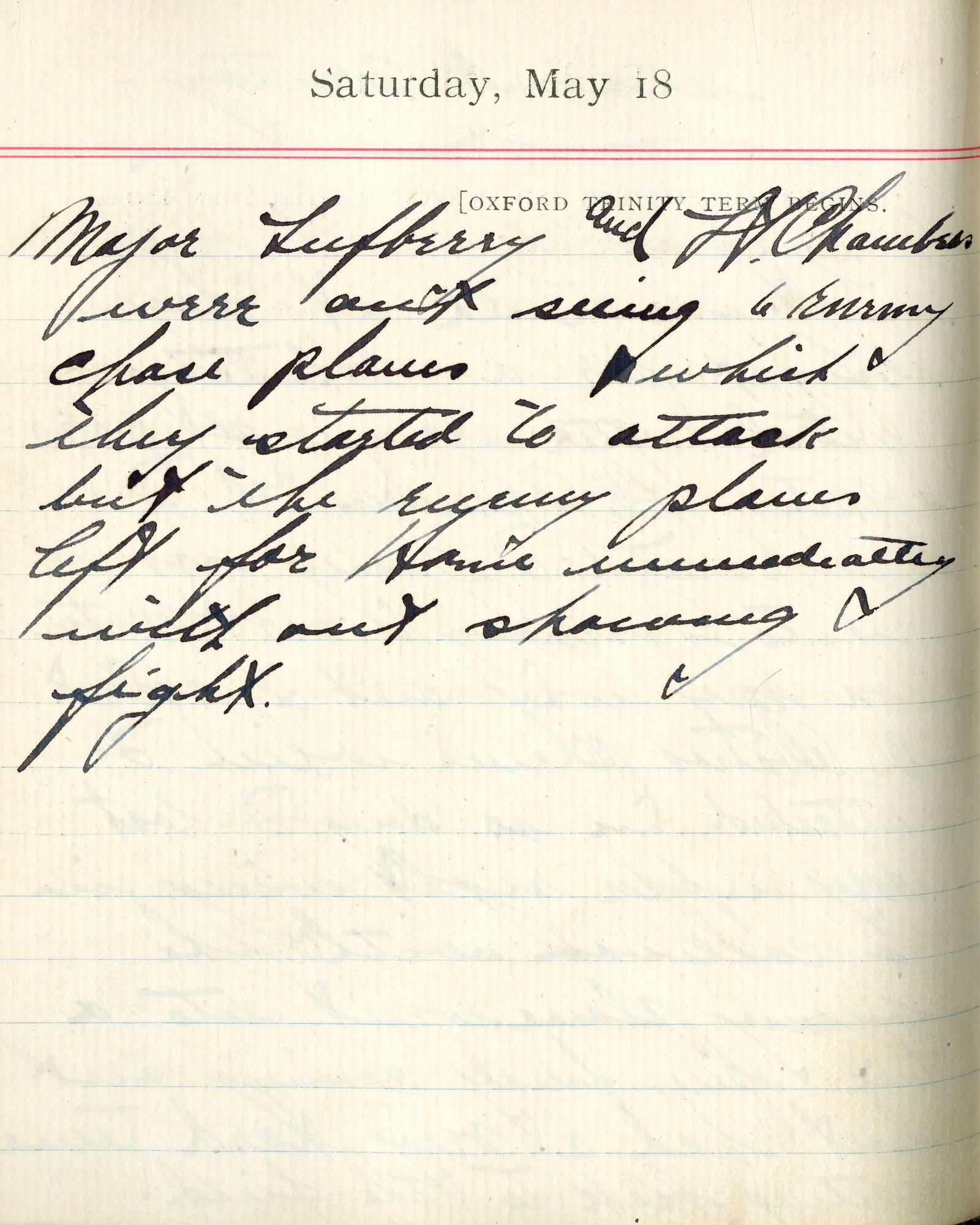 Capt. Edward V. Rickenbacker's 1918 wartime diary entry. (05/18/1918).

Major Lufbery and Lt. Chambers were out seeing 6 enemy chase planes which they started to attack but the enemy planes left for home immediately without showing fight.