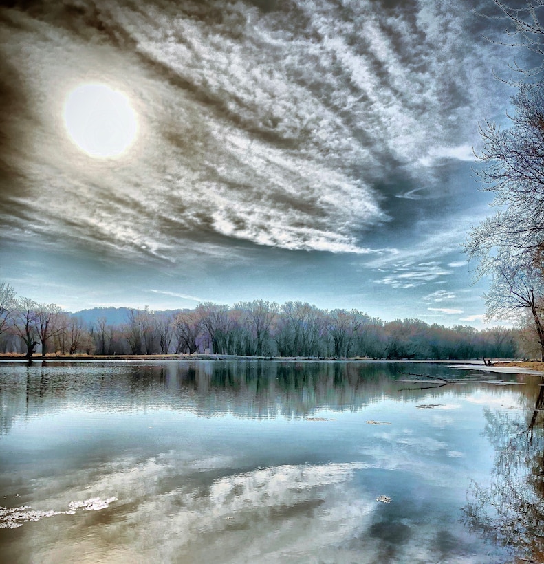 clouds and tree reflected on lake