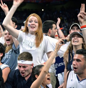 Villanova fans celebrate the Wildcats' victory at the NCAA Division I men's basketball championship game at the Alamodome Monday, April 2, 2018