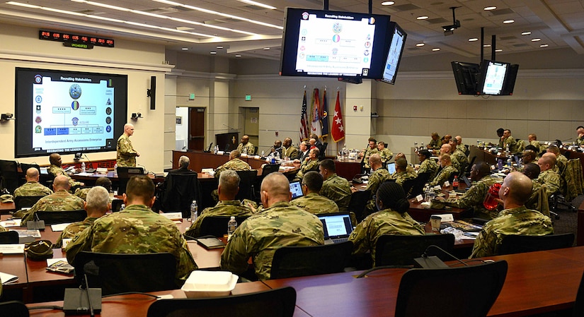 U.S. Army command sergeants major attend the U.S. Army Training and Doctrine Command CSM Center of Excellence and Proponent CSM workshop at Joint Base Langley-Eustis, Va., March 20, 2018.