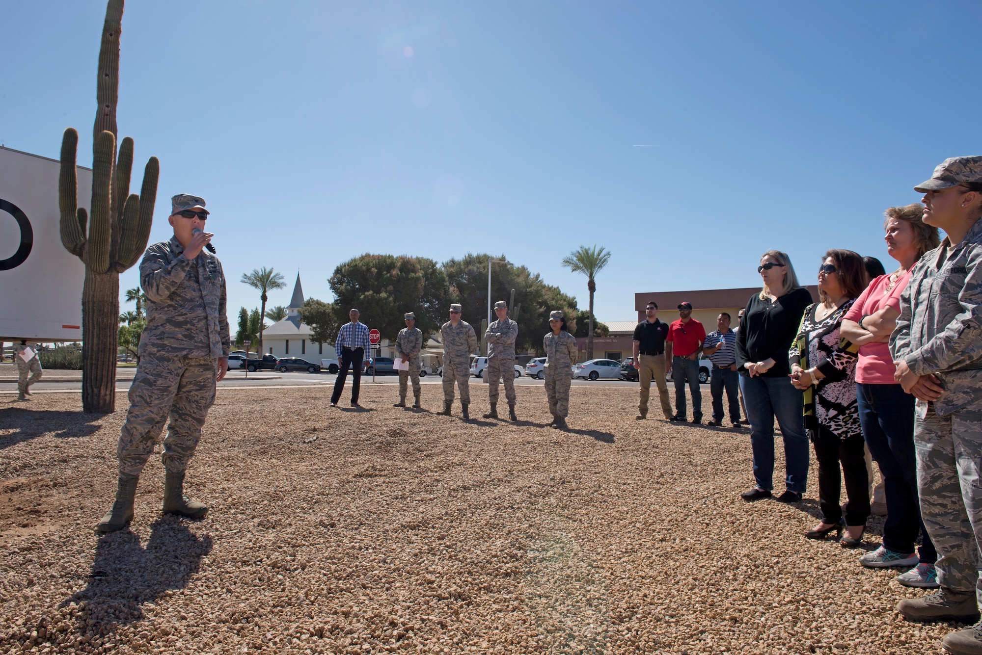 Col. Robert Sylvester, 56th Mission Support Group commander, addresses the crowd during the groundbreaking ceremony for the 56th Communications Squadron’s new operations building at Luke Air Force Base, Ariz., March 28, 2018. The construction is scheduled to be complete in late 2019, allowing the 56 CS to be in a single location for the first time and improving their support to the mission. (U.S. Air Force photo by Senior Airman Ridge Shan)