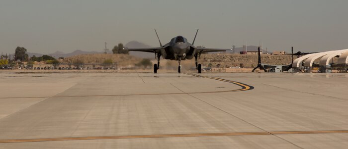 The Commanding Officer of Marine Fighter Attack Squadron 122 (VMFA-122), Lt. Col. John P. Price, lands after conducting the first flight operations in an F-35B Lightning ll at Marine Corps Air Station (MCAS) Yuma, Ariz., March 29, 2018. VMFA-122 conducted the flight operations for the first time as an F-35 squadron. (U.S. Marine Corps photo by Lance Cpl. Sabrina Candiaflores)