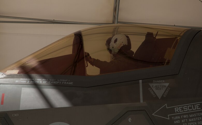 The Commanding Officer of Marine Fighter Attack Squadron 122 (VMFA-122), Lt. Col. John P. Price, conducts post-flight checks in retrograde of VMFA-122's first flight operations in an F-35B Lightning ll at Marine Corps Air Station (MCAS) Yuma, Ariz., March 29, 2018. VMFA-122 conducted the flight operations for the first time as an F-35 squadron. (U.S. Marine Corps photo by Lance Cpl. Sabrina Candiaflores)