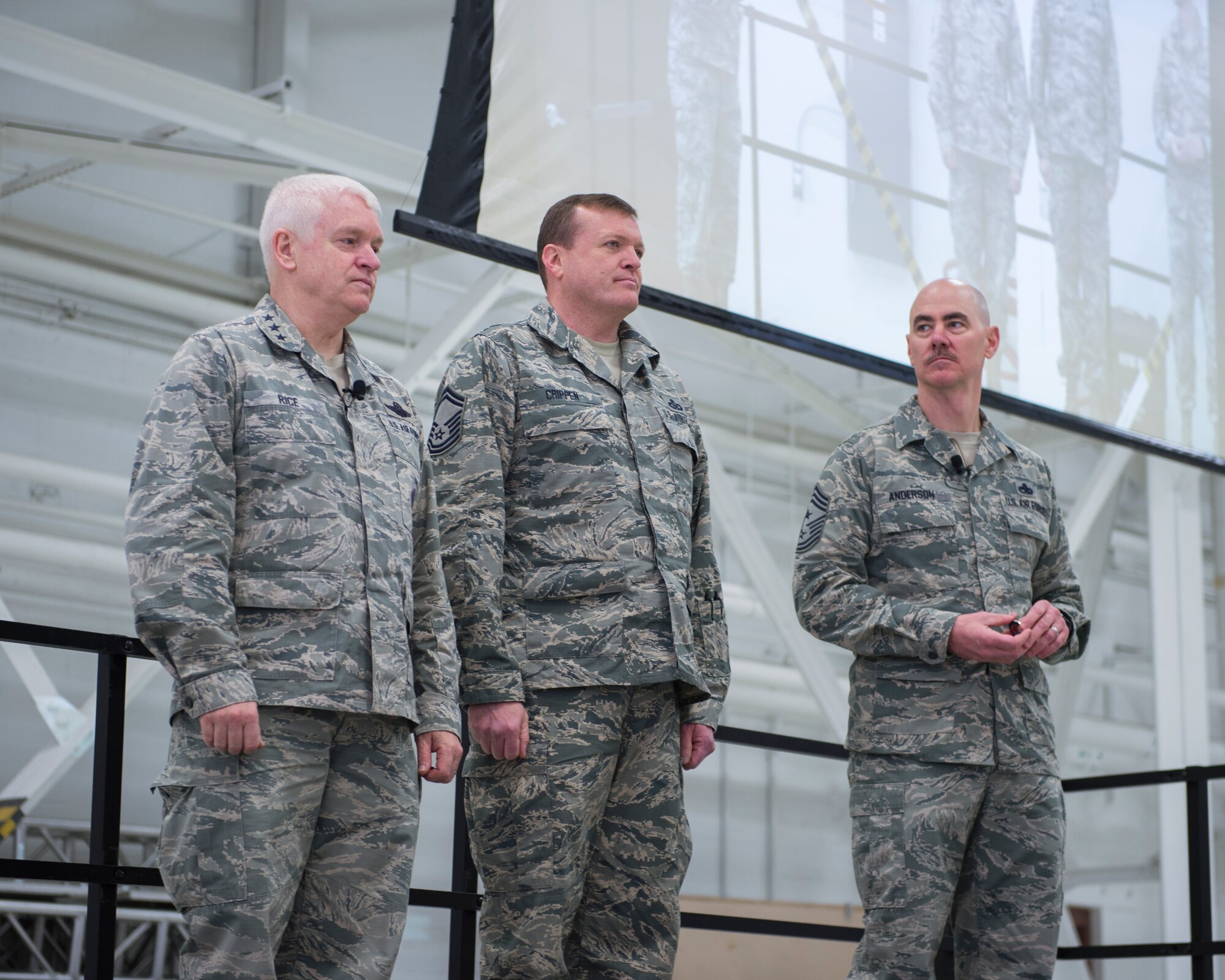 U.S. Air Force Senior Master Sgt. Richard Crippen, center, 133rd Operations Group, is recognized and coined for his actions during the 2017 hurricane relief efforts in St. Paul, Minn., March 25, 2018.