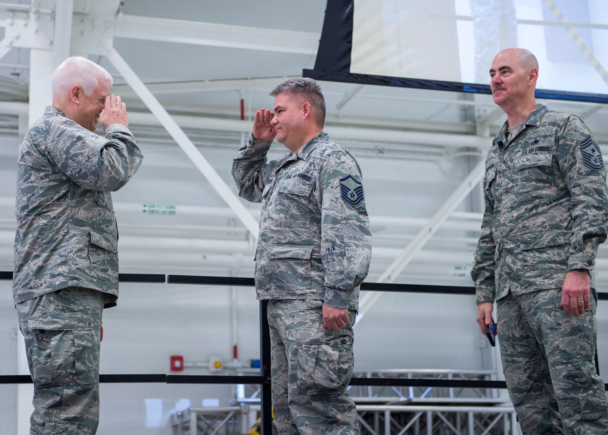 U.S. Air Force Master Sgt. Eric Swenson, 133rd Communications Flight, is recognized and coined for his actions during the 2017 hurricane relief efforts St. Paul, Minn., March 25, 2018.