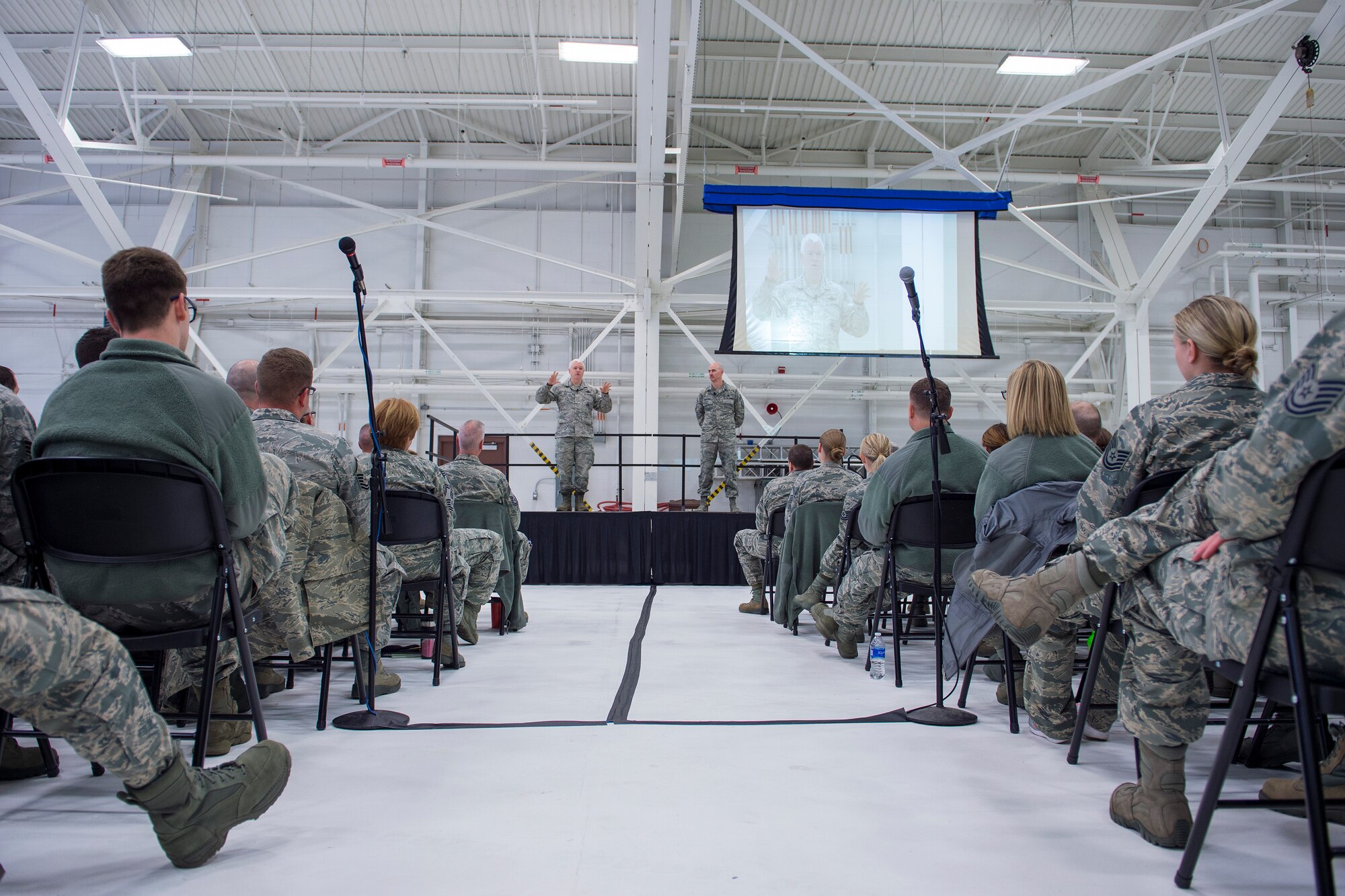 U.S. Air Force Lt. Gen. L. Scott Rice, director, Air National Guard, and Chief Master Sgt. Ronald Anderson, right, Command Chief of the Air National Guard answered questions from members of the 133rd Airlift Wing in St. Paul, Minn., March 25, 2018.