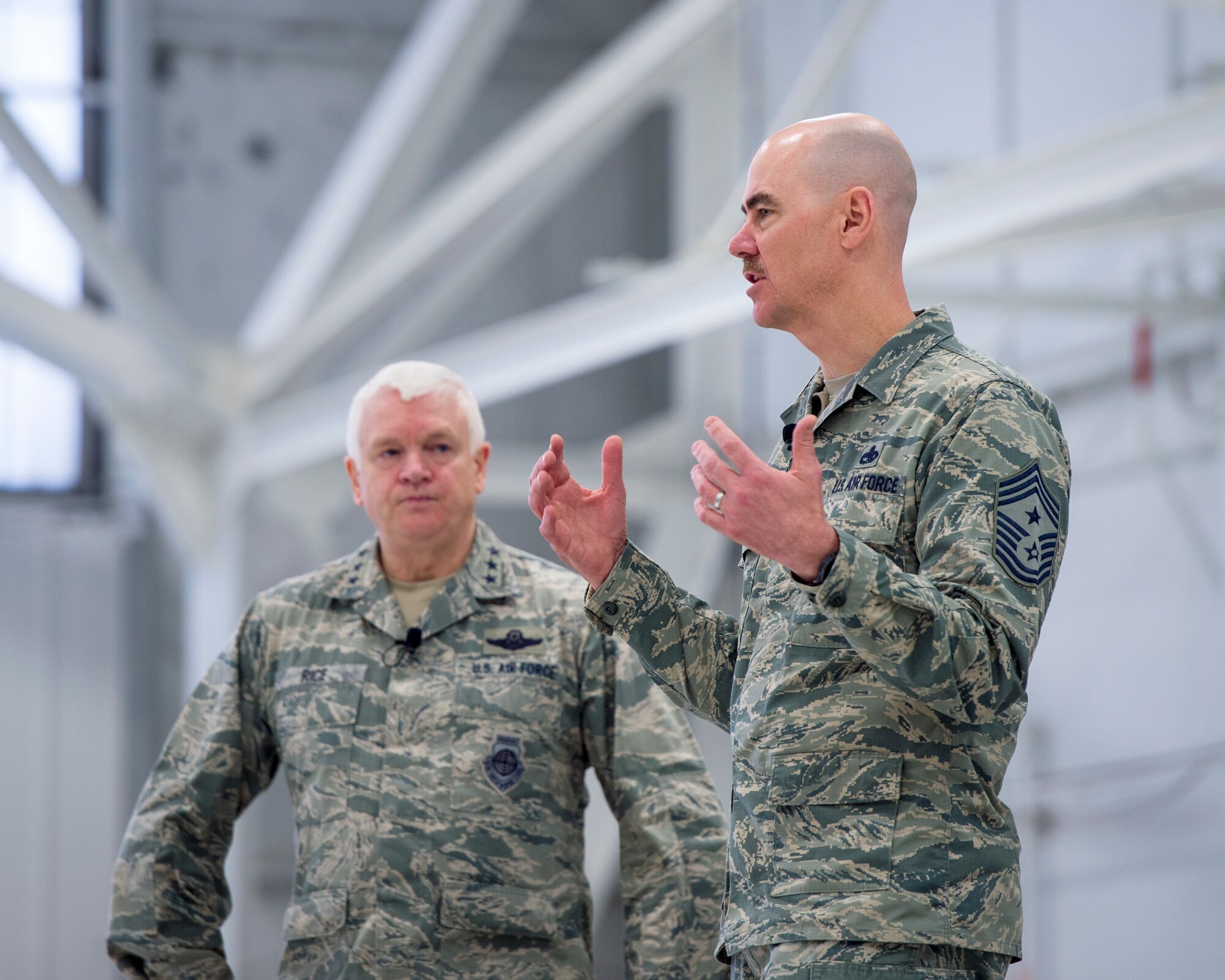 U.S. Air Force Lt. Gen. L. Scott Rice, director, Air National Guard, and Chief Master Sgt. Ronald Anderson, right, Command Chief of the Air National Guard answered questions from members of the 133rd Airlift Wing in St. Paul, Minn., March 25, 2018.