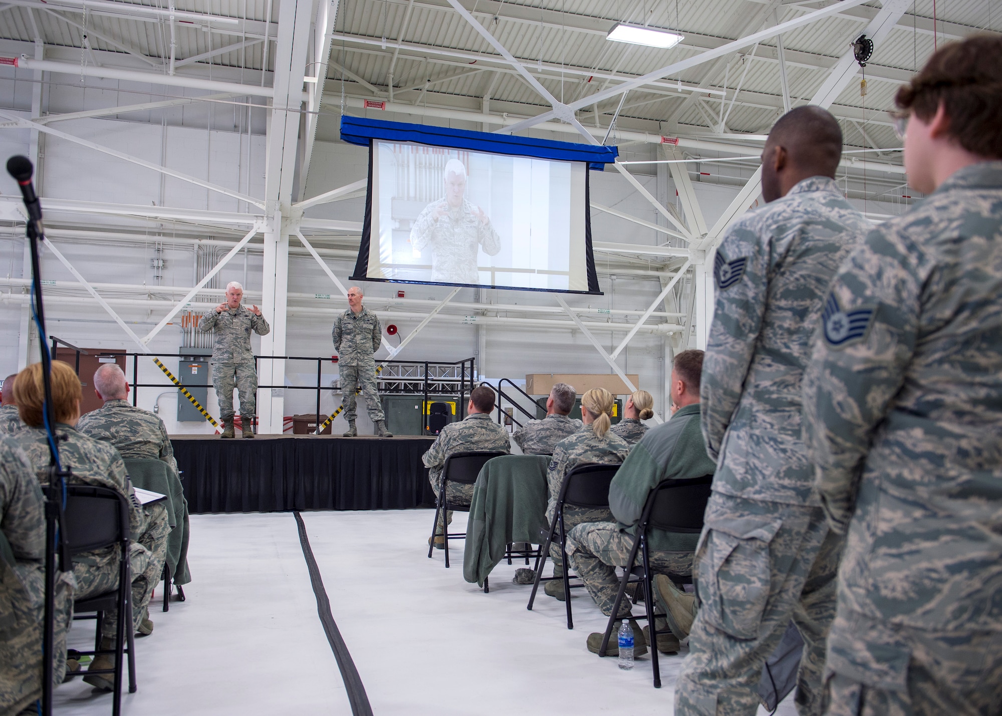 U.S. Air Force Lt. Gen. L. Scott Rice, director, Air National Guard, and Chief Master Sgt. Ronald Anderson, right, Command Chief of the Air National Guard answered questions from members of the 133rd Airlift Wing in St. Paul, Minn., March 25, 2018.
