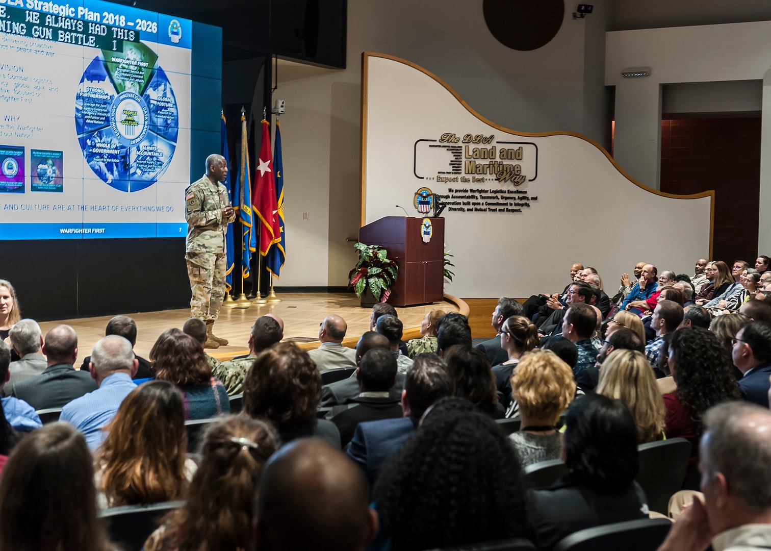 Lt. Gen. Darrell Williams addresses the DLA Land and Maritime workforce
