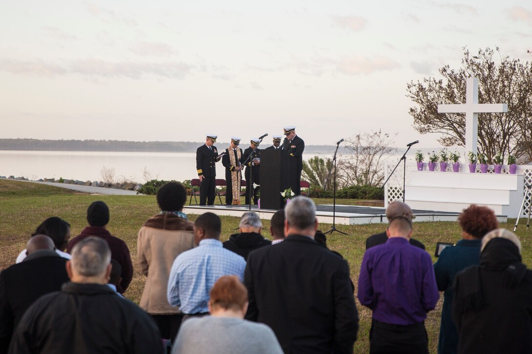 Navy Capt. J P. Hedges leads the Easter Sunrise Service with a message about the importance of the Easter service on Marine Corps Base Camp Lejeune, April 1. The service was held in the morning as the sun rises to symbolize the rise of Christ.