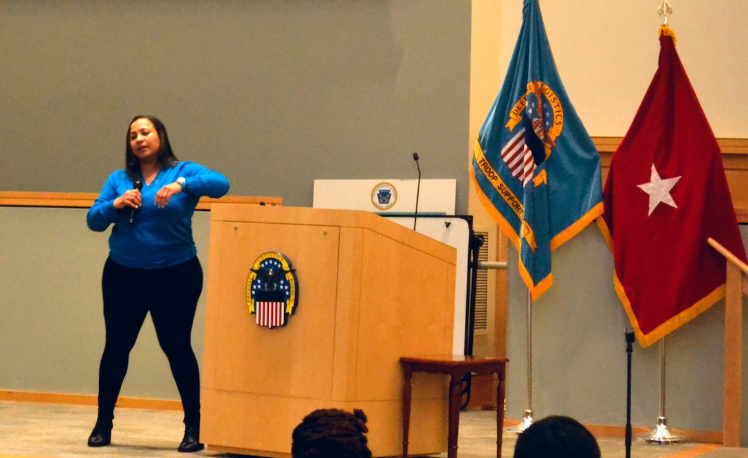 Philadelphia police officer Deborah Grooms shares her story of survival after sexual assault at the DLA Troop Support "Speak Up, Stand Up" empowerment event April 4 in Philadelphia.