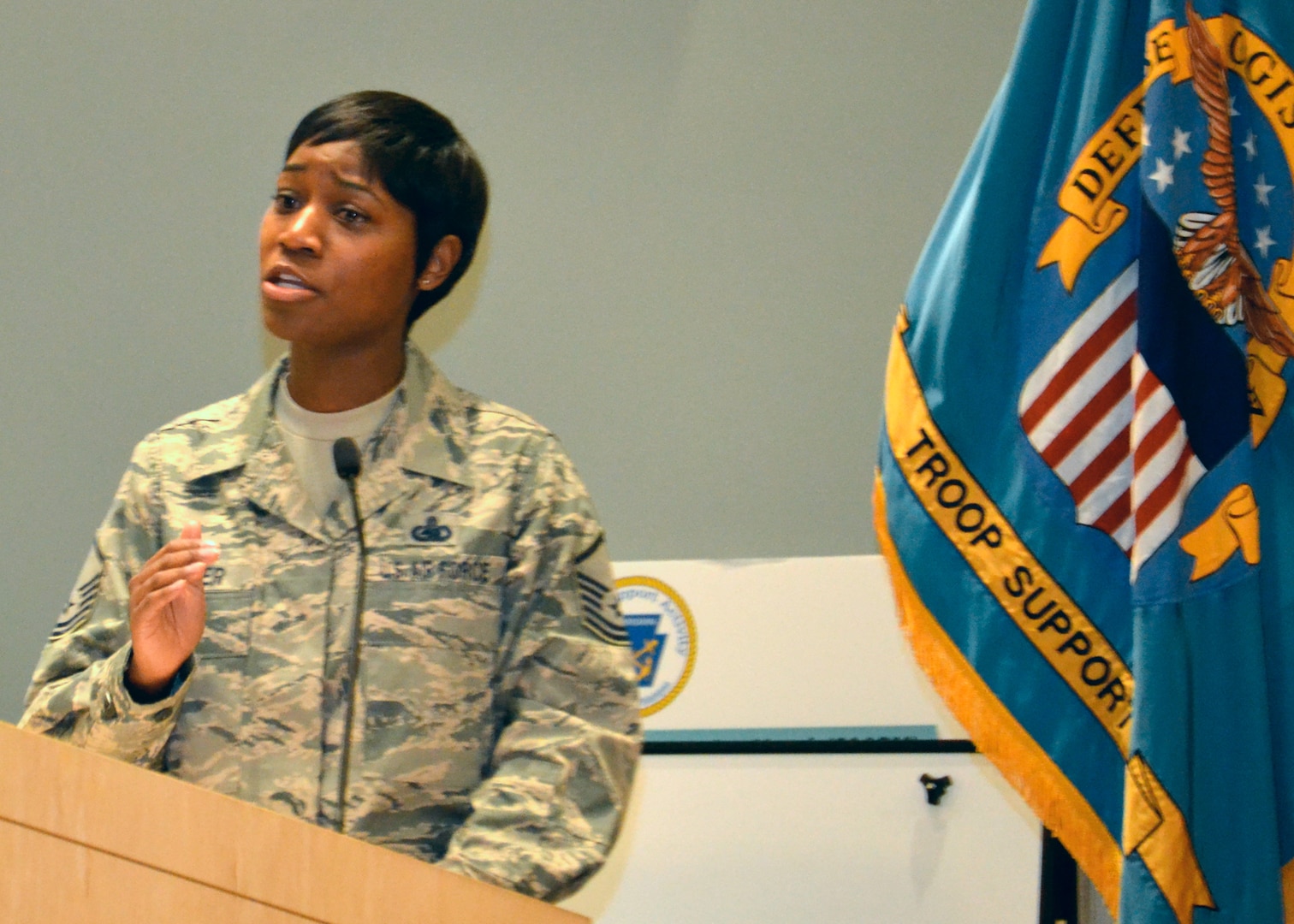 Air Force Master Sgt. Naka Turner shares her story of survival after sexual assault at DLA Troop Support's "Speak Up, Stand Up" empowerment event April 4 in Philadelphia.