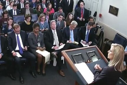 Homeland Security Secretary Kirstjen M. Nielsen briefs reporters at the White House, April 4, 2018.