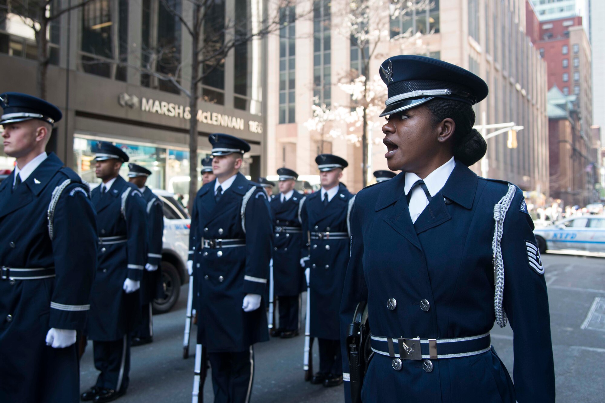 Tech. Sgt. Chloe Rainey, U.S. Air Force Honor Guard ceremonial guardsman, commands her flight during the New York City St. Patrick�s Day Parade, March 17, 2018. The Honor Guard participated in St. Patrick�s Day parades in New York City and Boston, as part of the team�s U.S. northeastern outreach tour to recruit, retain and inspire Airmen. (U.S. Air Force photo by Airman 1st Class Valentina Viglianco)