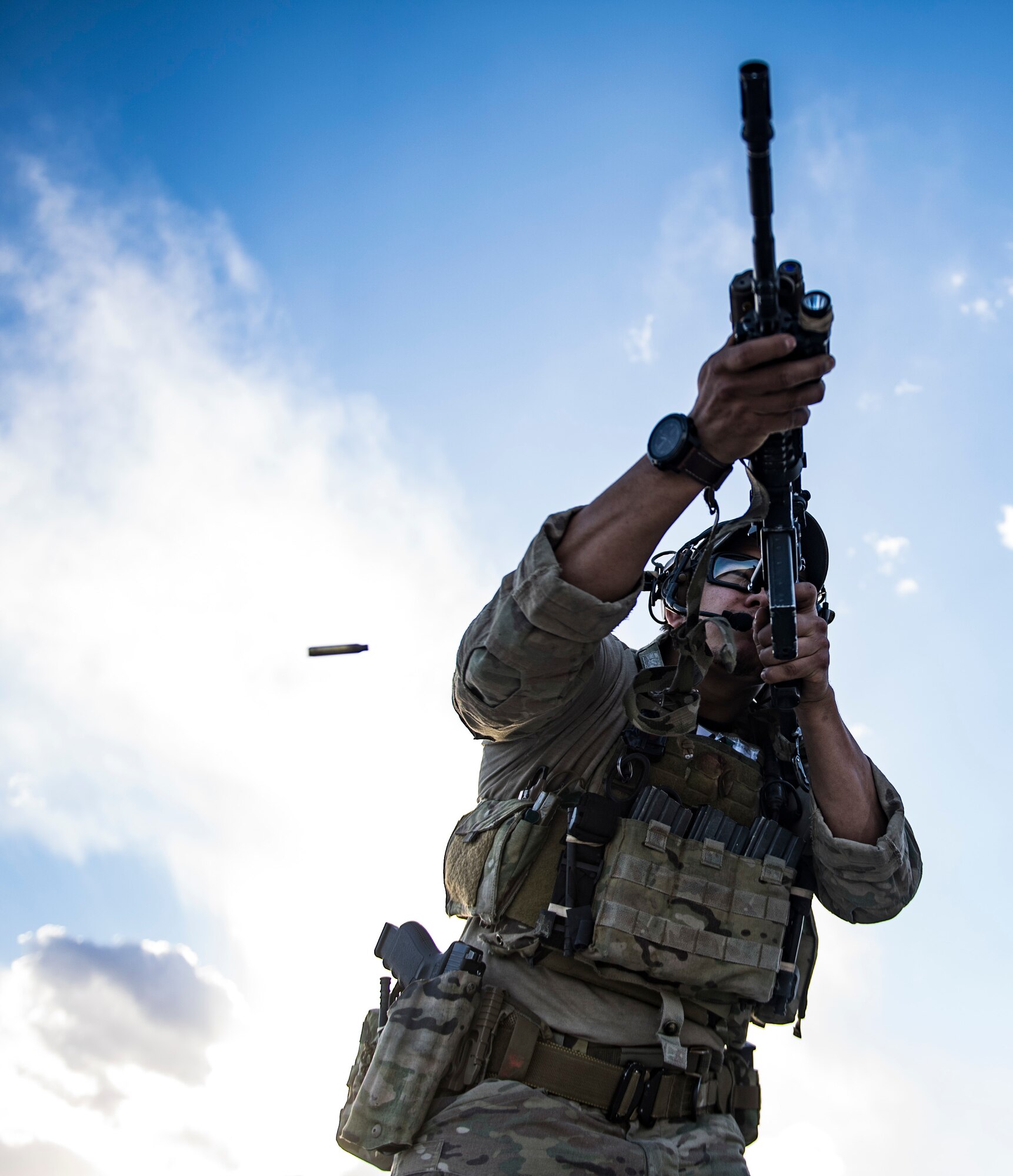 A pararescueman, assigned to the 83rd Expeditionary Rescue Squadron, Bagram Airfield, Afghanistan, performs rifle training March 28, 2018. Weapons familiarity and competence is vital to a pararescueman's ability to perform the combat search and rescue mission set. (U.S. Air Force photo by Tech. Sgt. Gregory Brook)