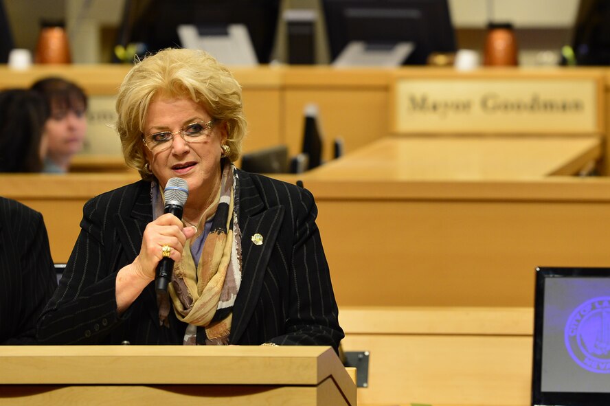 Las Vegas Mayor Carolyn Goodman, talks about the accomplishments of Creech Air Force Base Airmen at the Las Vegas City Hall during a Citizen of the Month presentation, April 4, 2018. The men and women of Creech were selected as April’s Citizens of the Month. (U.S. Air Force photo by Airman 1st Class Haley Stevens)
