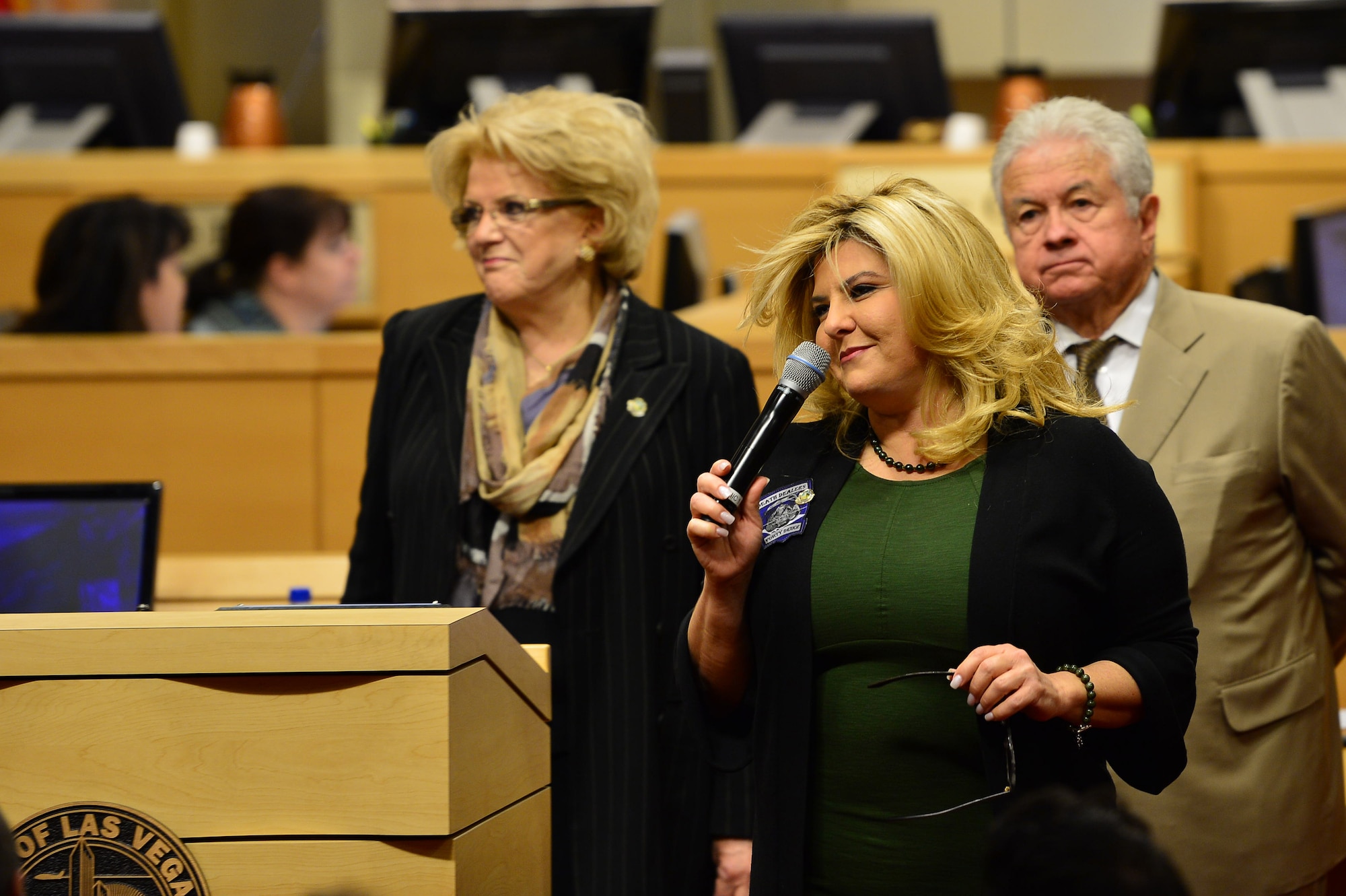 Michele Fiore, Las Vegas city councilwoman, thanks the men and women of Creech Air Force Base for their service and sacrifice at the Las Vegas City Hall, April 4, 2018. In 2017 alone, Creech Airmen assisted 70 nations in liberating multiple cities and freeing more than 7.7 million people from ISIS control. (U.S. Air Force photo by Airman 1st Class Haley Stevens)
