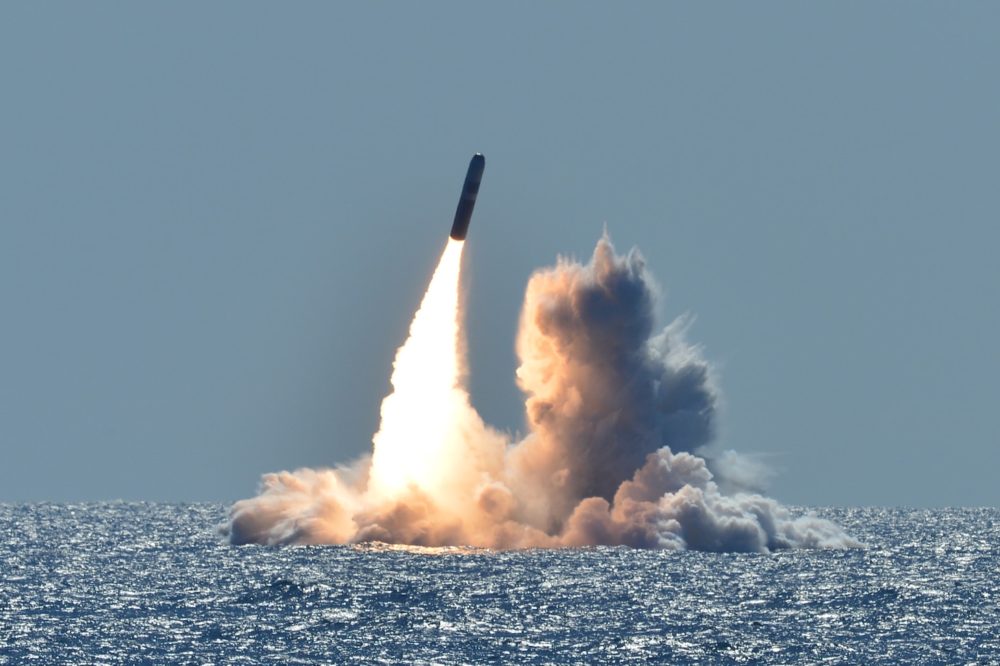 180326-N-UK333-005 PACIFIC OCEAN (March 26, 2008) An unarmed Trident II D5 missile launches from the Ohio-class ballistic missile submarine USS Nebraska (SSBN 739) off the coast of California. The test launch was part of the U.S. Navy Strategic Systems Program’s demonstration and shakedown operation certification process. The successful launch certified the readiness of an SSBN crew and the operational performance of the submarine’s strategic weapons system before returning to operational availability. (U.S. Navy photo by Mass Communication Specialist 1st Class Ronald Gutridge/Released)