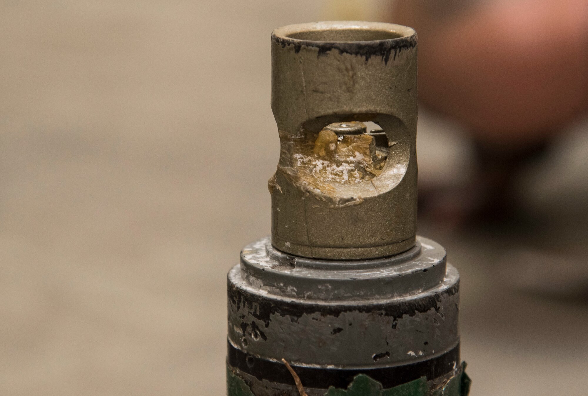 A fuse remains exposed on an inert sub-munition bomblet during a bilateral explosive ordnance
disposal training class at Misawa Air Base, Japan, March 29, 2018. A group of 11 Japan Air
Self-Defense Force 3rd Air Wing weapons maintenance technicians and Tohoku Sub Base,
Tohoku, Japan explosive ordnance disposal instructors, participated in the class. As a part of
their training, personnel had to identify 20 various types of unexploded ordnances while knowing
how different components make up the ordnance. (U.S. Air Force photo by Senior Airman Sadie
Colbert)